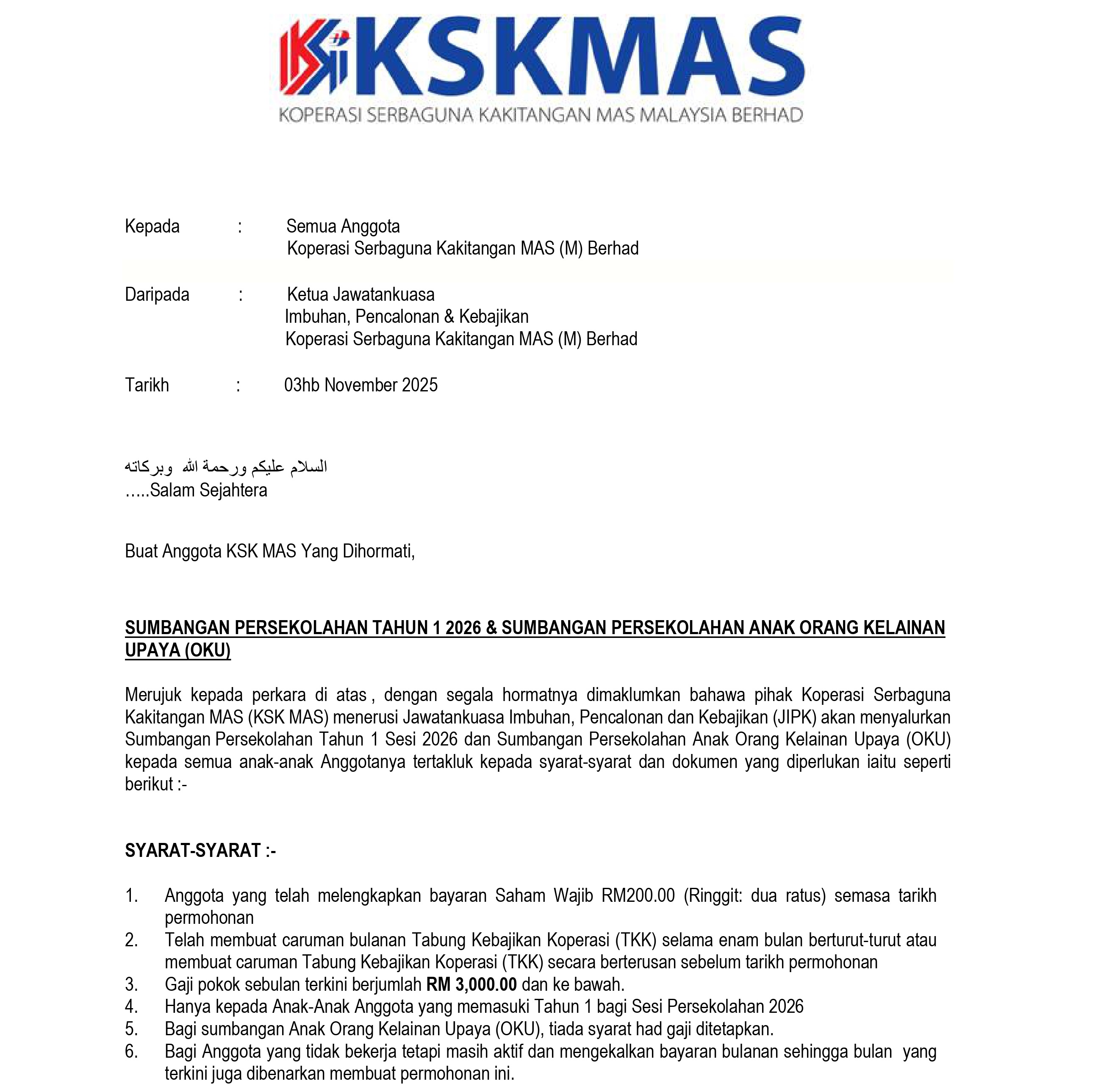 Pekeliling Makluman Sumbangan Tahun 1 OKU 2026