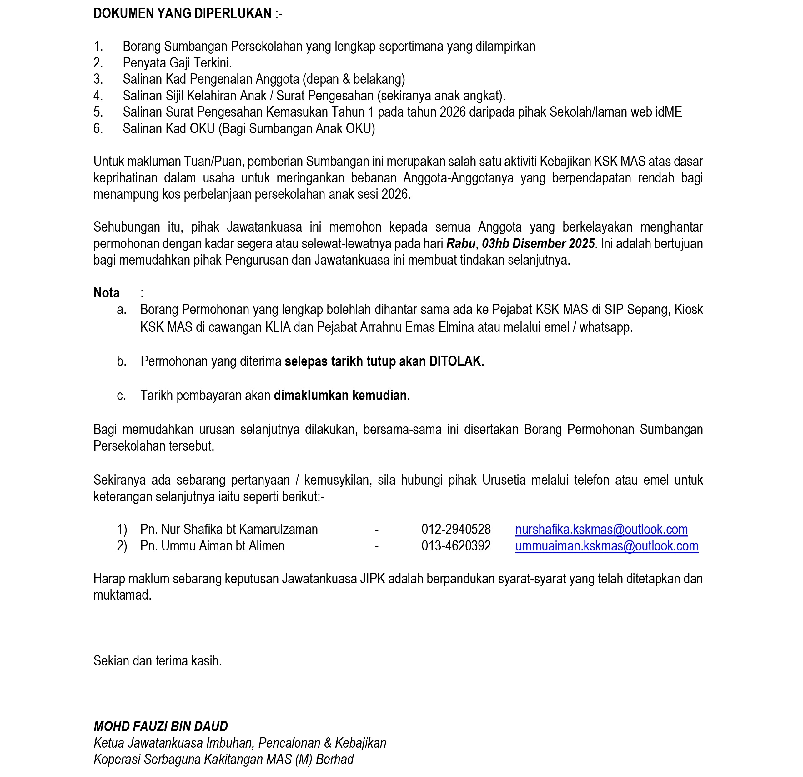 Pekeliling Makluman Sumbangan Tahun 1 OKU 2026_